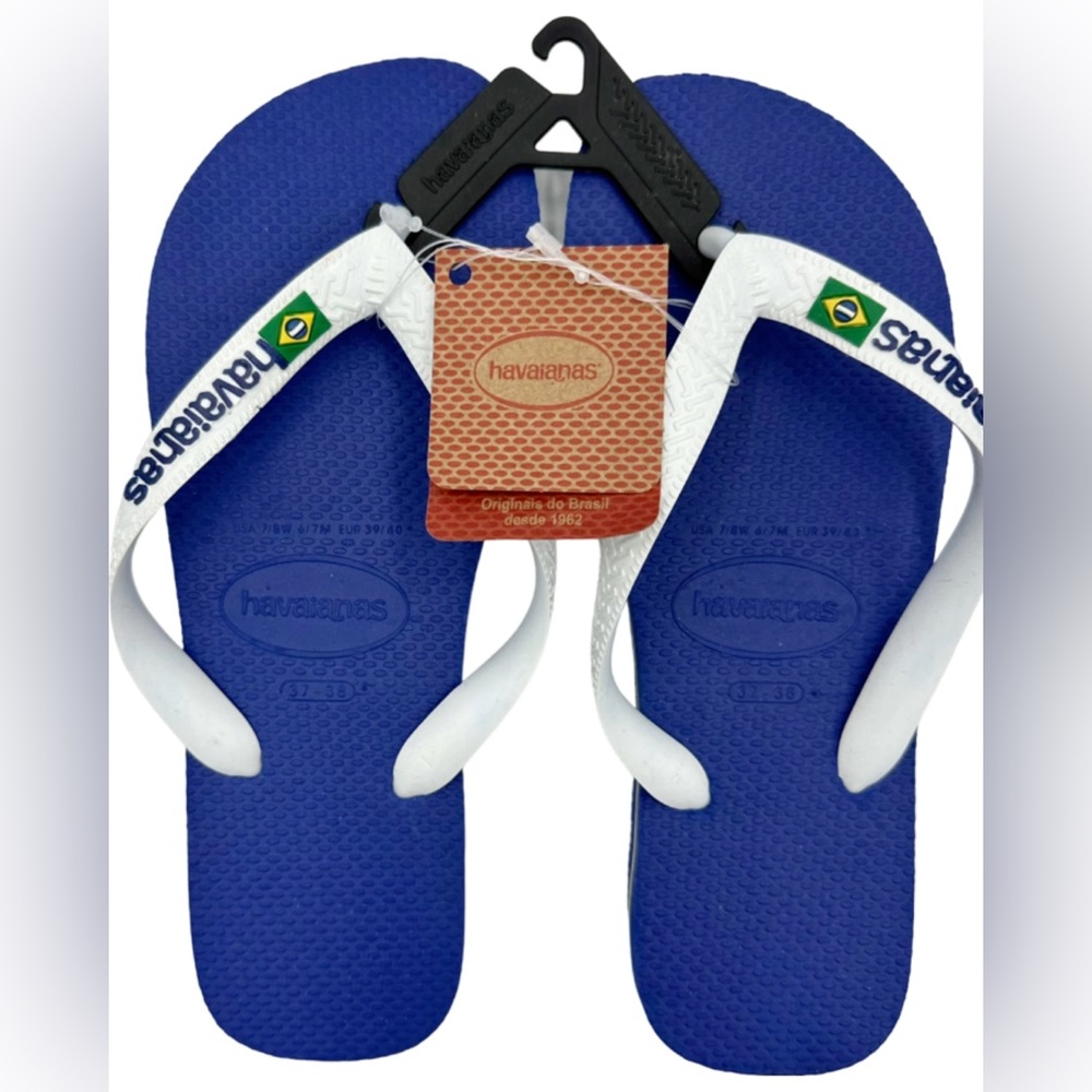 NWT Havaianas Flip Flops Sandals Blue Women’s 37-38 Brazil Brazil Logo Beach - Picture 8 of 10